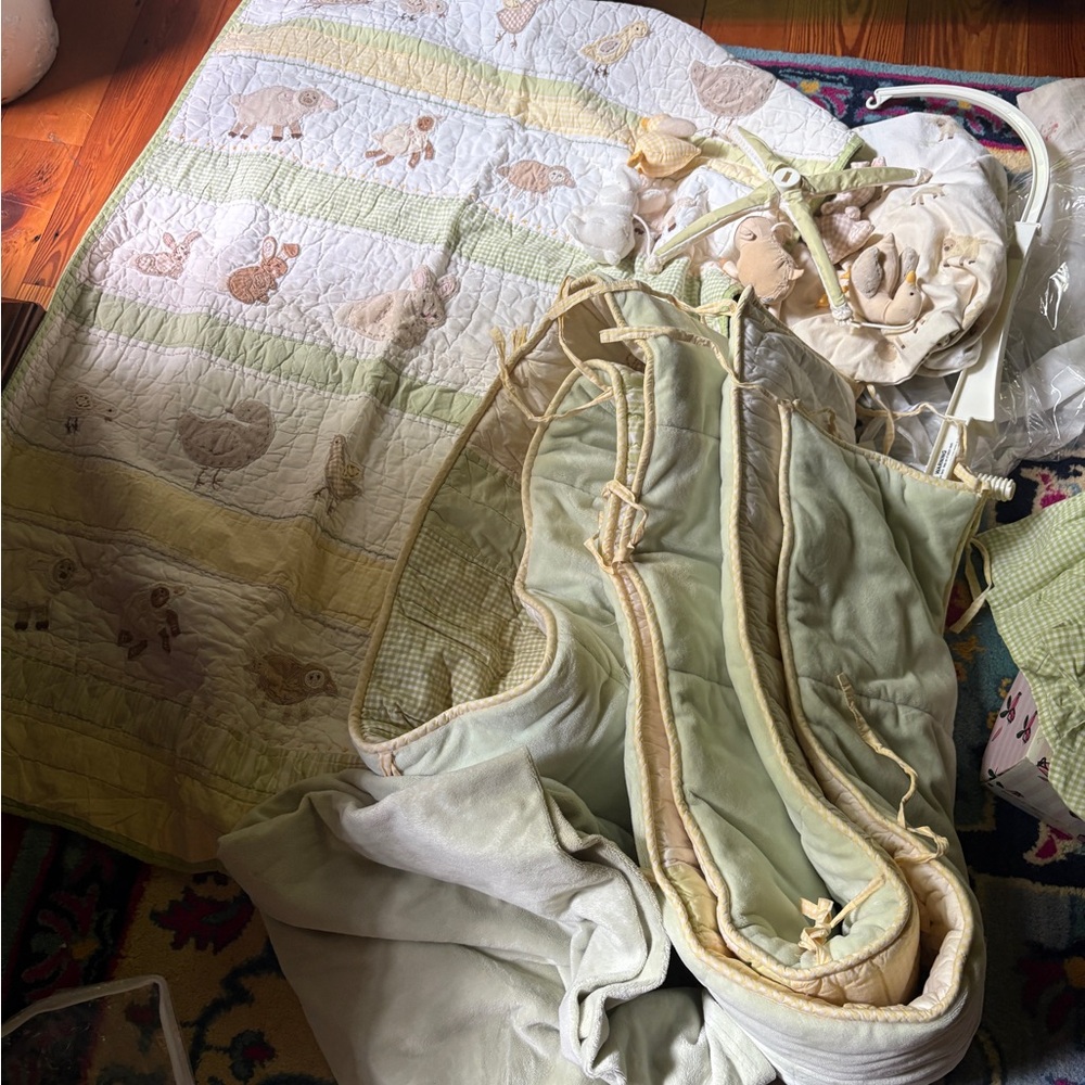 Pottery Barn Kids Green Baby Crip Quilt set retired farm spring animals bedding